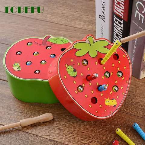 TOBEFU Catch Worm Game Color Cognitive Magnetic Strawberry Apple Baby Wooden Toys 3D Puzzle for Early Childhood Educational ► Photo 1/6