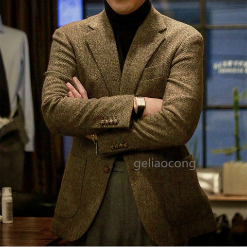 New Arrival Brown Herringbone Tweed Men's Jacket Casual Two Button Long Sleeve Suit Autumn Winter Coat Blazer For Party Prom ► Photo 1/5
