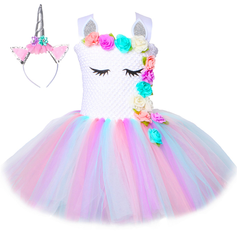 Flower Girls Unicorn Tutu Dress Pastel Rainbow Princess Girls Birthday Party Dress Children Kids Halloween Unicorn Costume 1-14Y ► Photo 1/6