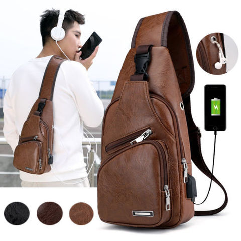 New Fashion Men's Leather Sling Pack Chest Shoulder Crossbody Bag Biker Satchel Men Briefcases Hot Sales ► Photo 1/6