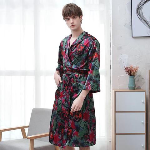 Men Satin Robe Lovers Sleepwear Nightgown Print Kimono Bathrobe Gown Home Clothing Casual Homewear Nightwear Big Size 3XL ► Photo 1/6