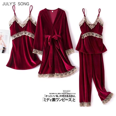 JULY'S SONG Fashion Velvet 4 Pieces Warm Winter Pajamas Sets Women Sexy Lace Robe Pajama Sleepwear Suit Sleeveless Nightwear ► Photo 1/6