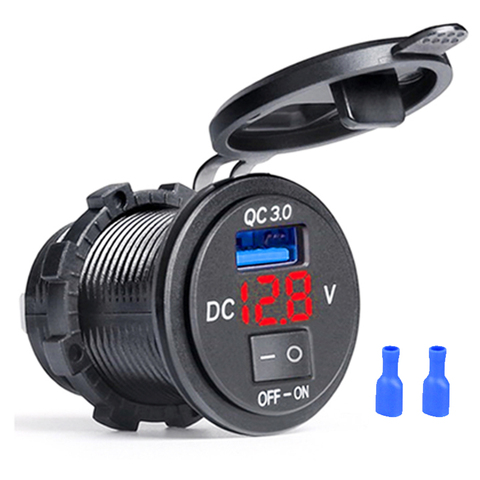 Quick Charge 3.0 USB Car Charger Socket Digital Display Voltmeter USB Charger Socket with ON-OFF Switch for Car Motorcycle ATV ► Photo 1/6