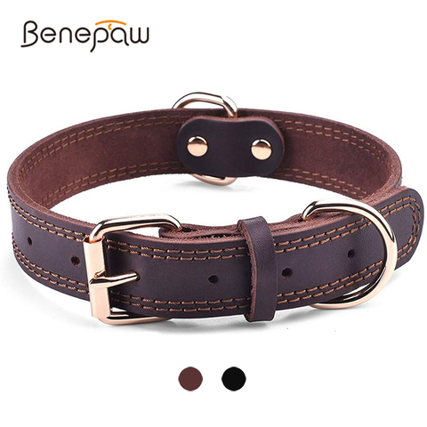 Benepaw Quality Genuine Leather Dog Collar Durable Vintage Heavy-duty Rustproof Double D-Ring Pet Collar For Medium Large Dogs ► Photo 1/6