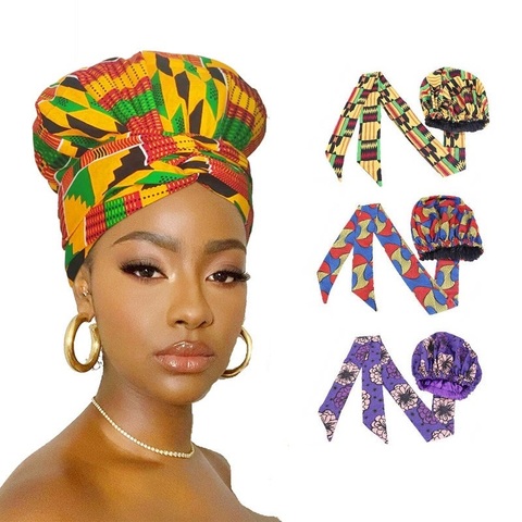 New African Ankara Pattern Satin Linned Bonnet Women Long Ribbon Headwrap Double Layer Headscarf Big Size Adult Hair Cover ► Photo 1/5