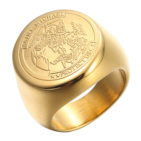 Saint Michael Rings for Man Stainless Steel Archangel Medal Round Signet Ring Gold Silver Color Engraving  Jewelry ► Photo 1/6