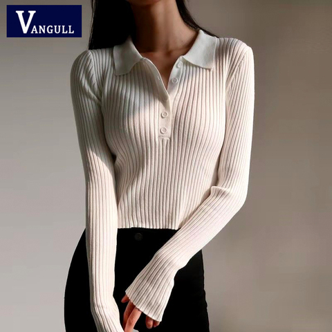 Vangull Solid Knitted Pullovers Women Spring Autumn Vintage Lapel Single-breasted Short Slim Sweater Tops Female Basic Knitwear ► Photo 1/6