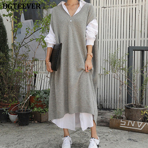 BGTEEVER Casual Winter Oversize Straight Sleeveless Sweater Dress Women Thick Knit Long Dress Female Knitted Vest Dress 2022 ► Photo 1/6