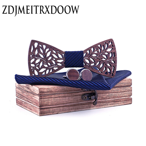 Paisley Wooden Bow Tie Handkerchief Set Men's Navy Blue Bowtie Wood Hollow carved Floral design And Box Fashion Novelty ties ► Photo 1/6