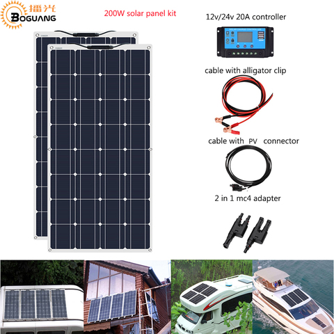 Boguang 2pcs 100w Flexible Solar Panel cell Module 200W DIY Kit PV RV Car Boat Home Use 12V /24V  battery CaravanCamper Roofs ► Photo 1/6