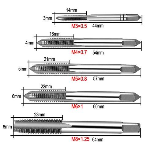 New 5PCS/Set HSS M3 M4 M5 M6 M8 Machine Spiral Point Straight Fluted Screw Thread Metric Plug Hand Tap Drill ► Photo 1/6