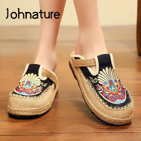 Johnature Summer Women Slippers 2022 New Slides Embroider Flat With Women Shoes National Style Linen Leisure Ladies Slippers ► Photo 1/6