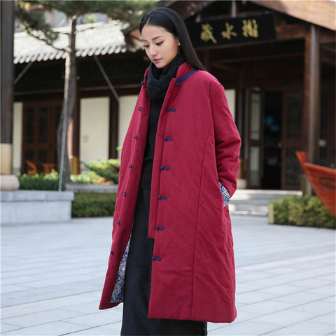 Johnature Women Vintage Warm Parkas Button Long Coats Stand Long Sleeve 2022 Winter New Pockets Cotton Linen Female Parkas ► Photo 1/1