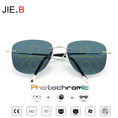 Fashionable Men's Frameless Titanium Transition Aviation Sunglasses Photochromic Progressive Multifocal Reading Glasses ► Photo 1/6