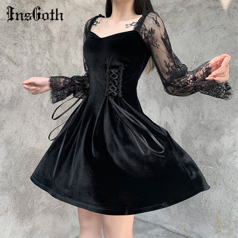 InsGoth Gothic Lolita Bandage Black Dress Women Vintage Sexy Lace