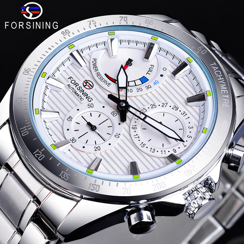 Forsining 2022 Power Reserve Design Date Automatic Watch White Waterproof Mechanical Watch Stainless Steel Band Luminous Clock ► Photo 1/6