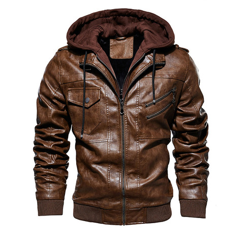 Fashion Brand Men PU Leather Jackets 2022 Winter Thick Hooded Oblique Zipper Motorcycle Faux Leather Jacket Men Plus Size M-4XL ► Photo 1/1