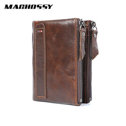 RFID Genuine Leather Wallet Men Quality Short Coin Purse Double Zippers Pocket Wallet Men's Brand Design Vintage Leather Wallets ► Photo 1/6