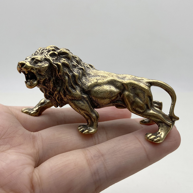 Brass Lion Statue Pure Copper Crafted Ornament Mini Figurine Home Office Decor 