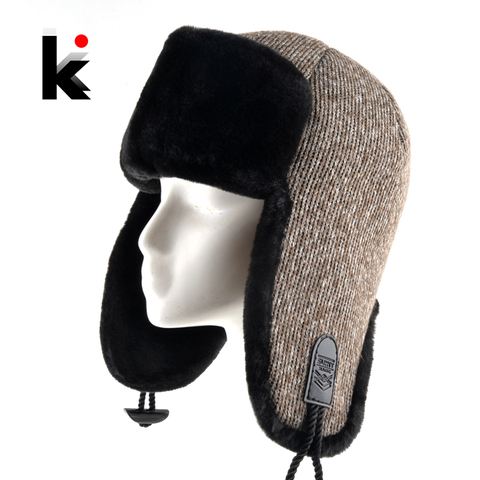 Knitted Bomber Hat For Men Winter Faux Fur Earflap Beanies Outdoor Warm Double Layer Snow Hats High Quality Men's Thick Gorras ► Photo 1/6