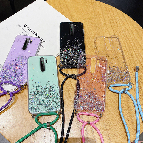 Ultra-thin Bling Glitter Lanyard Silicone Phone Case For Xiaomi Redmi Note 9 8 7 Mi 10 9 T 8 Lite Pro Luxury Necklace Rope Cover ► Photo 1/6