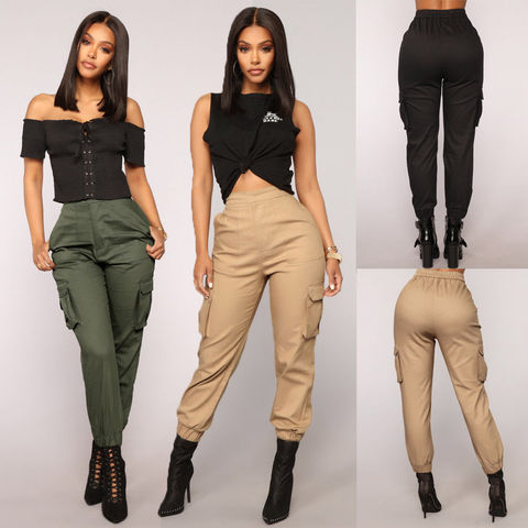 New Fashion Stretch Women Pants High Waist Cargo Ladies Pants Khaki Army Green Black Casual Long Trousers ► Photo 1/6