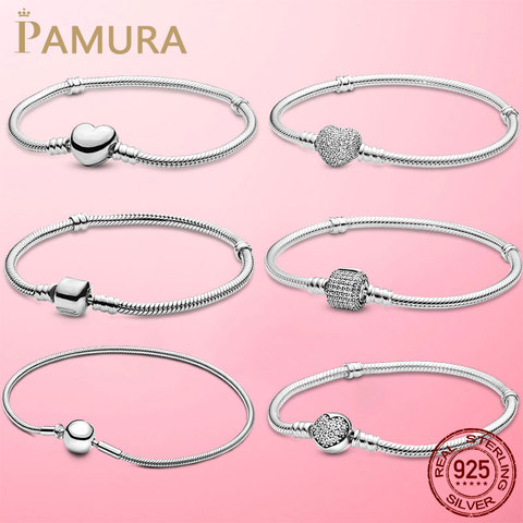 TOP SALE 6 Styles 925 Sterling Silver Heart Snake Chain Bracelet For Women Fit Original Pamura Charm Beads Jewelry Gift ► Photo 1/6