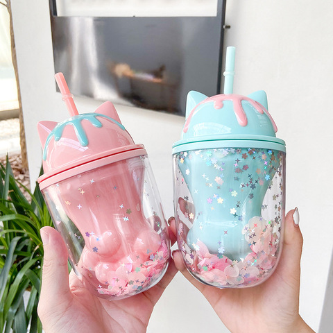 Water bottle cute personality cat paw plastic cup cute cartoon ins photo posing creative straw cup gift office school home ► Photo 1/6