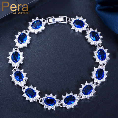 Pera Vintage Royal Jewelry 925 Sterling Silver Oval Blue Cubic Zirconia Link Chain Bracelets for Women Christmas Gift B014 ► Photo 1/6