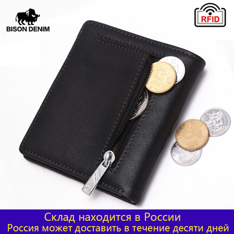 BISON DENIM Fashion Purse Men's Genuine Leather Wallet RFID Blocking Mini Wallet Male Card Holder Small Zipper Coin Purse W9317 ► Photo 1/6