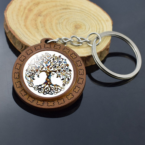 Retro Wooden Keyrings Celtic Tree of Life Photo Glass Cabochon Keychain Holder Key Rings Charm Jewelry ► Photo 1/6