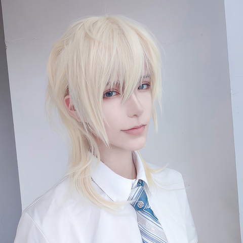 MEIFAN Short Cosplay Lolita Anime Wig Male Straight Hair High Temperature Fiber Synthetic Long Ponytail Light Blonde Wig for Men ► Photo 1/6