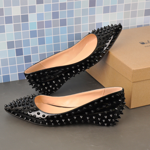 Onlymaker Woman Elegent Pointed Toe Rivet Slip On Black Studded Ballet Flat Fashion  Shoes ► Photo 1/6