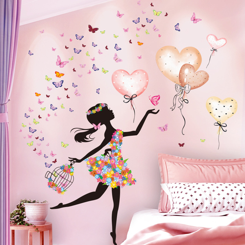 [shijuekongjian] Cartoon Fairy Girl Wall Stickers DIY Balloons Butterflies Wall Decals for Kids Rooms Baby Bedroom Decoration ► Photo 1/5