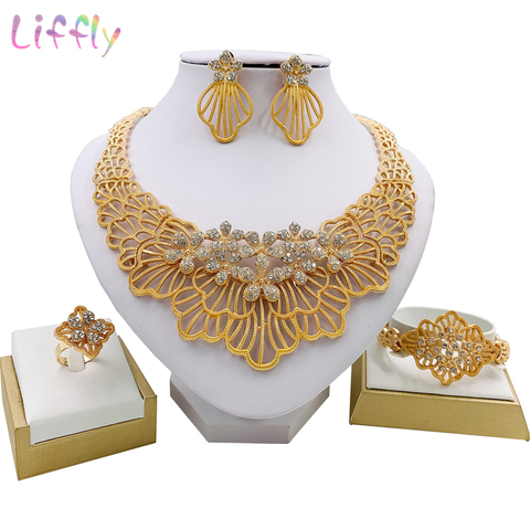 Liffly African Wedding Jewelry Sets Fashion Necklace Earrings Ring Bracelet Crystal Jewelry Charms Flower Shape  Jewelry Set ► Photo 1/6