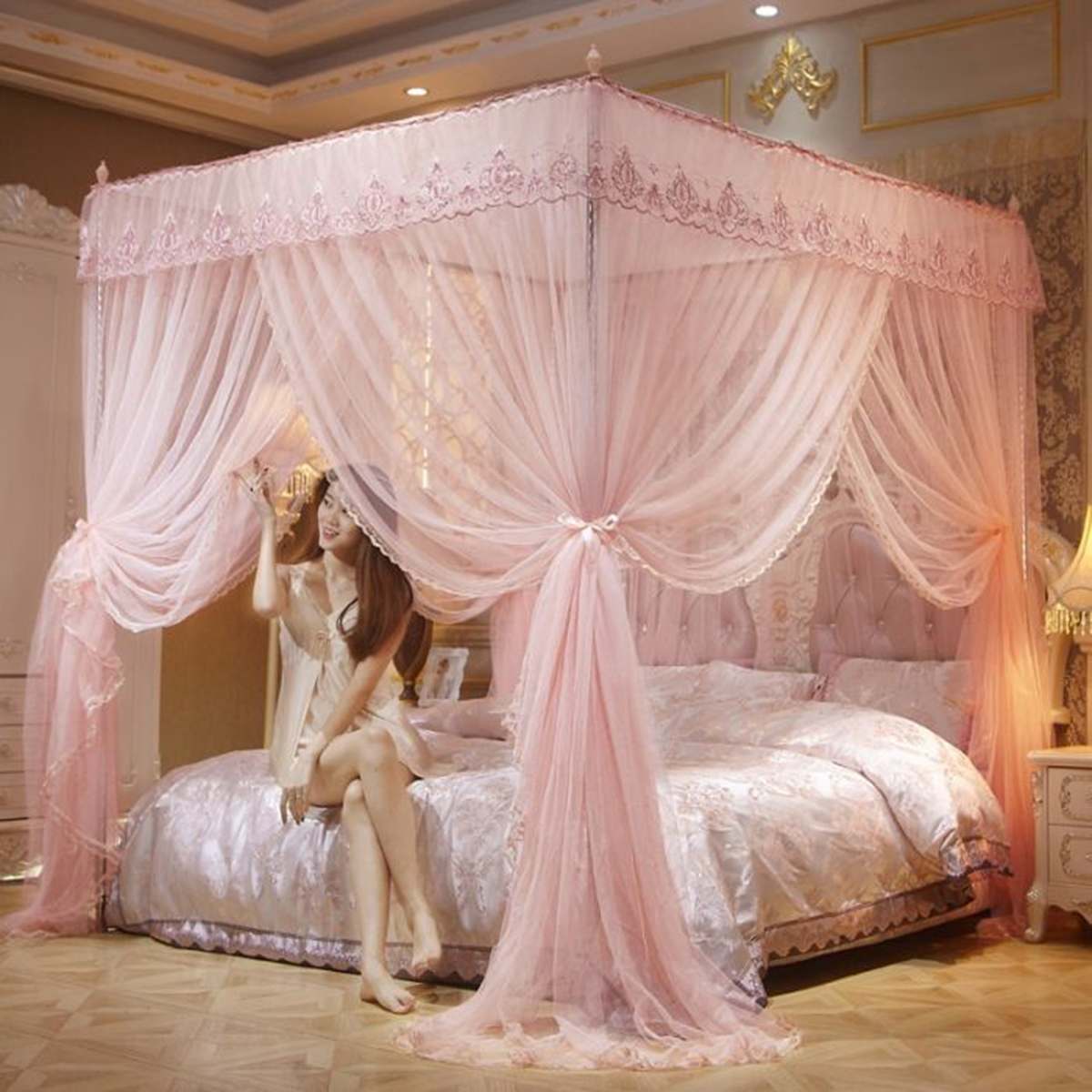 4-Corner Bed Netting Canopy Mosquito Net for Queen ED summer protector 
