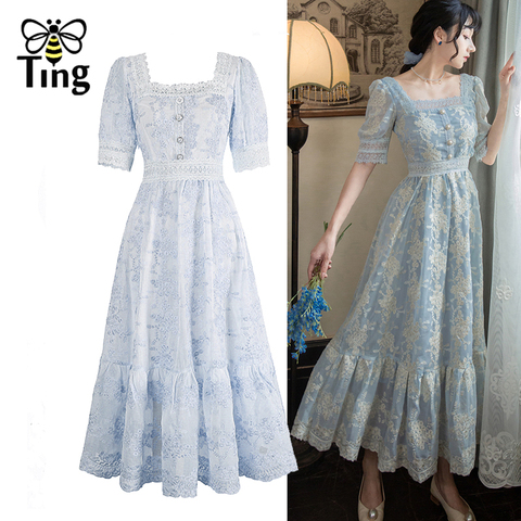 Tingfly Sweet Soft Girl A Line Dress Summer Lace Embroidery Button Decor Party Dresses Casual Street Boho Vestido Midi Feminino ► Photo 1/6