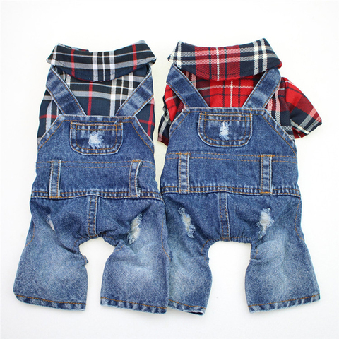 Dog Cat Denim Plaid Jumpsuit Hoodie Jean Pet Puppy Coat Jacket Spring/Summer Clothes Apparel 2 Colours ► Photo 1/6