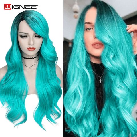 Wignee 2 Tone Ombre Long Blue Water Wave Hair Heat Resistant Synthetic Wig For Women Side Part Cosplay/Party Natural Hair Wigs ► Photo 1/6