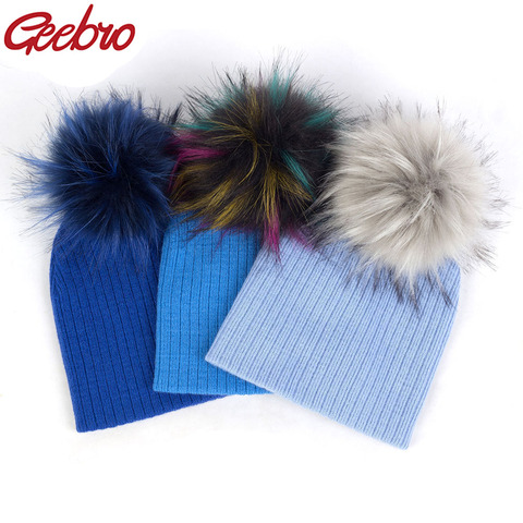 Geebro Winter Fashion Baby Boys Girls Faux Fur pompom Hats Soft Caps Kids Childs Girls Wool Knitted Skullies Beanies ► Photo 1/6