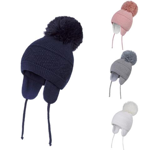 Connectyle Toddler Infant Baby Boys Girls  Kids Winter Skull Cap Solid Color Warm Knitted Earflap Hat With Big Pom-Pom ► Photo 1/6