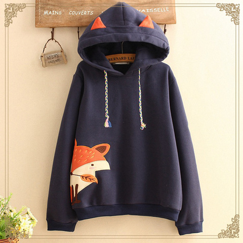 Autumn Cute Fox Embroidered Hooded Sweatshirt Women Clothing Pullovers Plus Velvet Patchwork Female Sweet Thick Warm Hoodies ► Photo 1/6