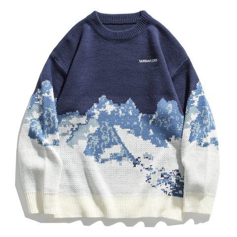 Hip Hop Streetwear Snow Mountain Knitted Sweater Men Women Autumn Harajuku Sweater Oversize Loose Pullover Men Clothing Outwear ► Photo 1/6