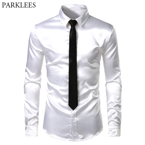Men's 2 Pieces (Shirt+Tie) White Silk Satin Dress Shirts Slim Fit Long Sleeve Button Down Shirt Male Wedding Party Prom Chemise ► Photo 1/6