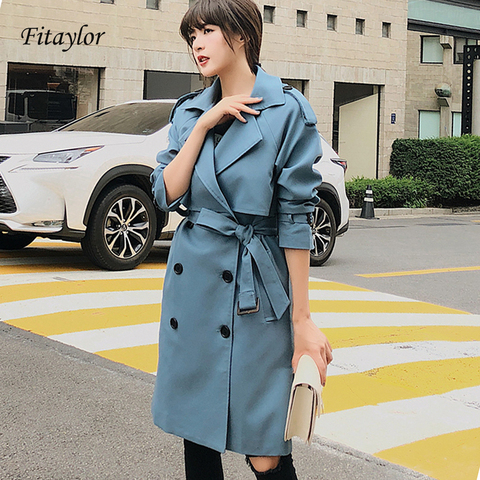 Fitaylor New 2022 Double Breasted Mid-long Trench Coat Women Casual Slim Belt Cloak Vintage Windbreaker Outwear ► Photo 1/6