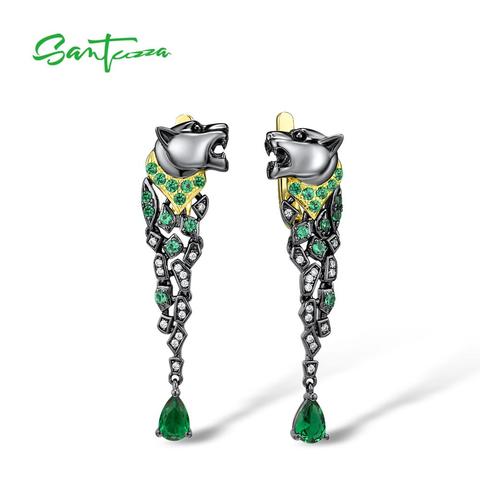 SANTUZZA Silver Earrings For Women 925 Sterling Silver Black Color Leopard Sparkling Green Spinel Stunning Trendy Fine Jewelry ► Photo 1/6