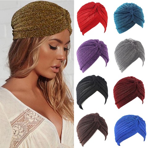 Women Shine Silver Gold Knot Twist Turban Headbands Cap Autumn Winter Warm Headwear Casual Streetwear Female Muslim Indian Hats ► Photo 1/6