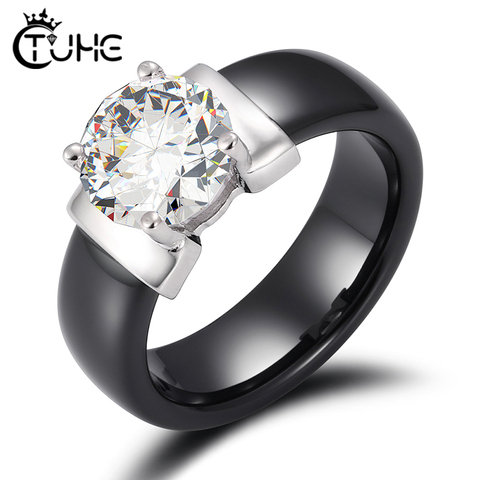 Female Big Carat Crystal Ceramic Rings For Women Fashion Black White Pink 6mm Ceramic Cubic Zirconia Love Engagement Ring Gifts ► Photo 1/6