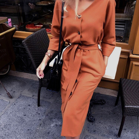 Sexy v Neck Autumn Long Sleeve Women Dress Ladies Sashes Button Casual Office Dress 2022 New Fashion Women Midi Dress Vintage ► Photo 1/6