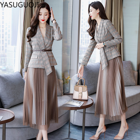 YASUGUOJI Office Lady Casual Plaid Blazer + Mesh Pleated Skirt Suit Set Women Formal Blazer Skirt Set Jacket Skirt Suits Women ► Photo 1/5